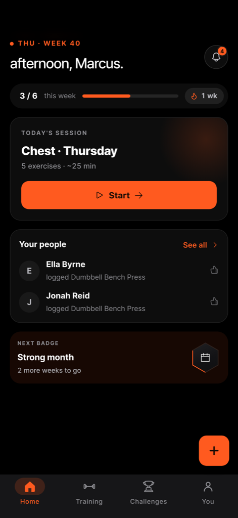 FullAthlete home screen showing today's generated session ready to start, weekly progress and streak