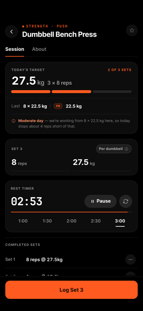 FullAthlete exercise logging screen with today's target, rest timer and personal record badge