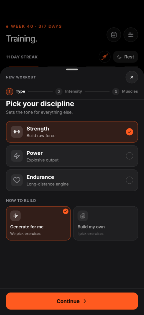 FullAthlete new-workout wizard: pick strength, power or endurance, then generate or build your own