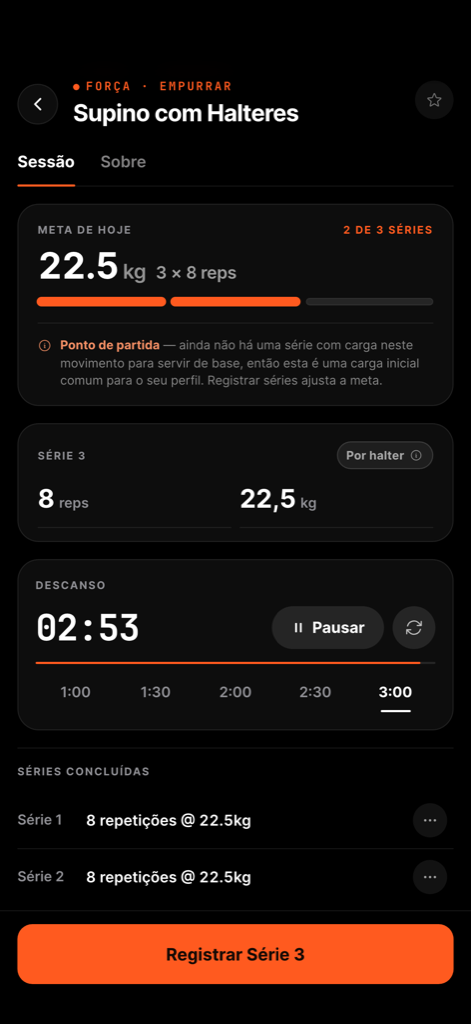 Tela de registro de exercício do FullAthlete com a meta do dia, cronômetro de descanso e selo de recorde pessoal