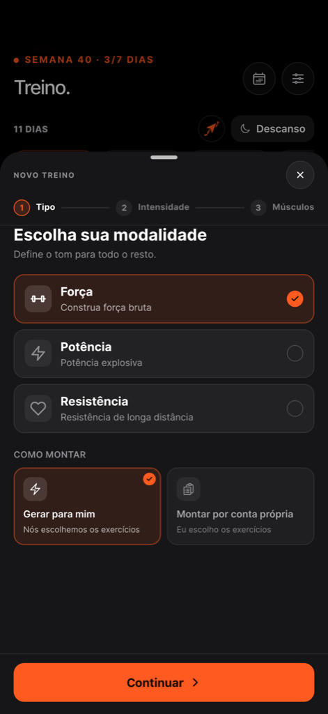 Assistente de novo treino do FullAthlete: escolha força, potência ou resistência e depois gere ou monte a sua sessão